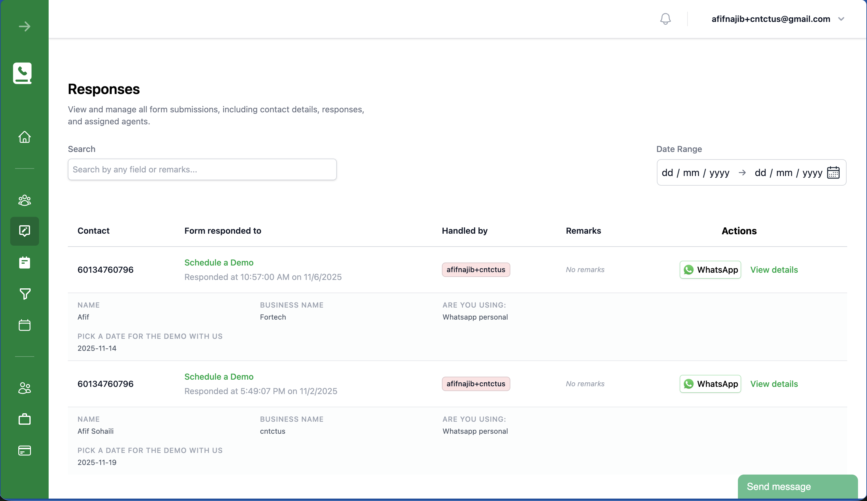 Screenshot of the dashboard
